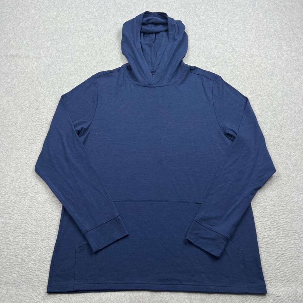 Unbound Merino Hoodie Men Large Blue Wool Knit Travel Layer Long Sleeve Pullover